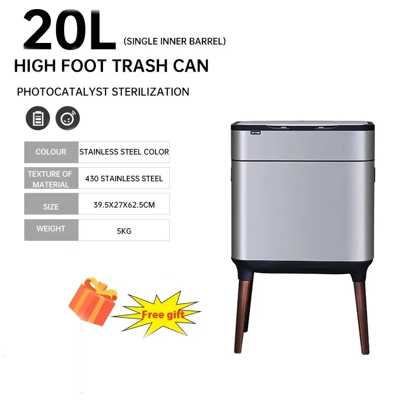 30L Smart Sensor Trash Can Bathroom Kitchen Tall Trash Can Light Luxury Stainless Steel Large Capacity Waterproof Free Gift