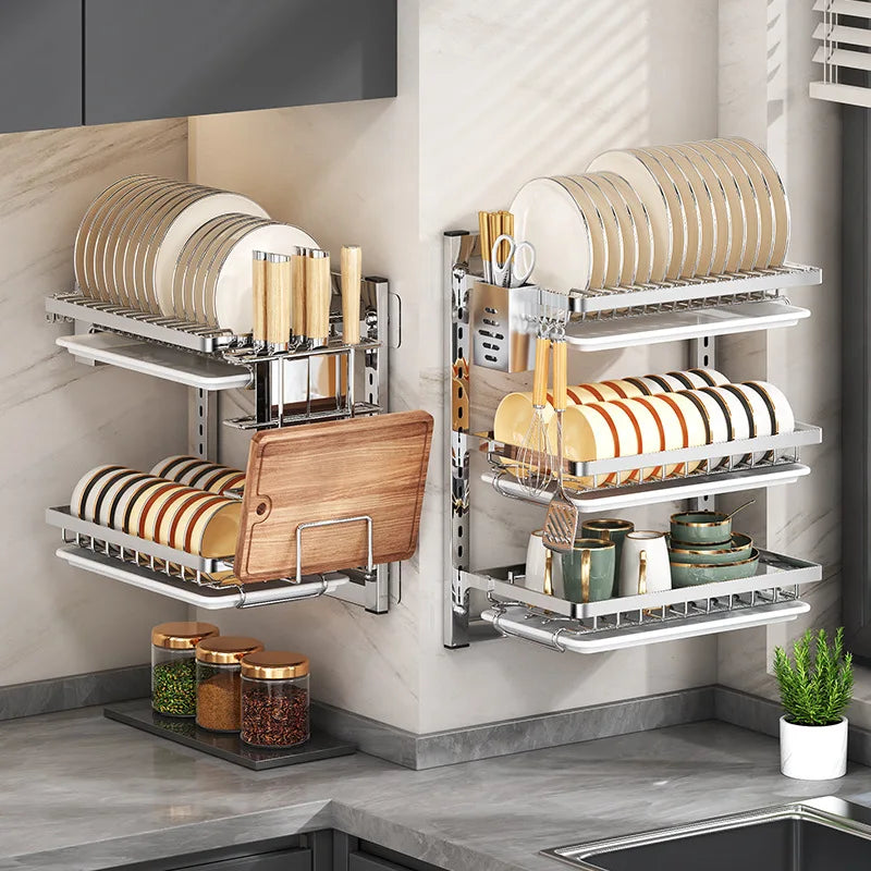 Kitchen Dish Rack Wall Mounted Multifunctional Storage Rack No-hole Cupboard with Chopsticks Knives Plates Draining Storage