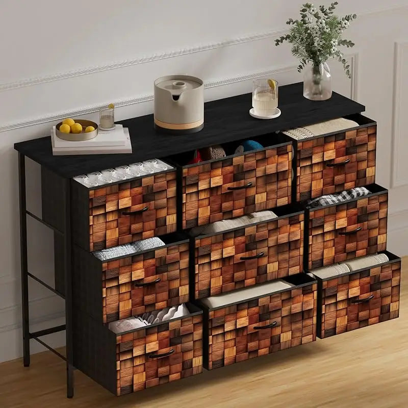 Dresser for Bedroom with 9 Deep Fabric Drawers, Wide TV Stand Storage Cabinet, Colorful Chest of Drawers for Closet, Nursery, En