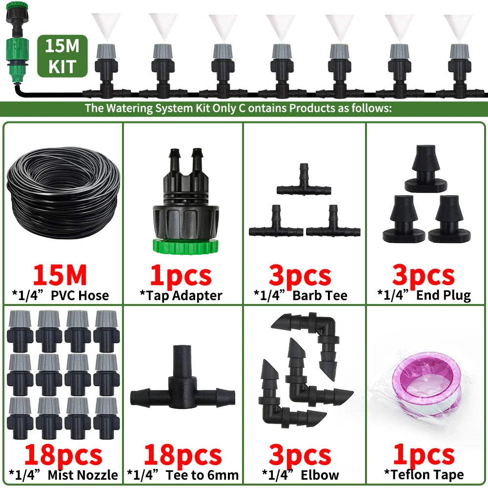 10-20M Automatic Watering Irrigation System Portable Misting Fog Nozzles Garden Hose Spray Head W/ 4/7mm Tee Connector for Patio