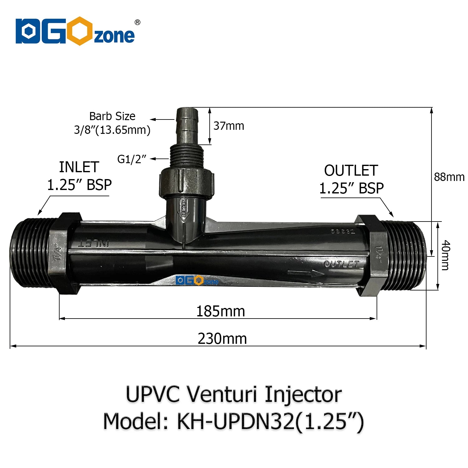 UPVC Venturi Injector for Mixing Liquid Venturi with Valve  BSP thread 1/2" 3/4" 1" 1.25" 1.5" 2" DGOzone