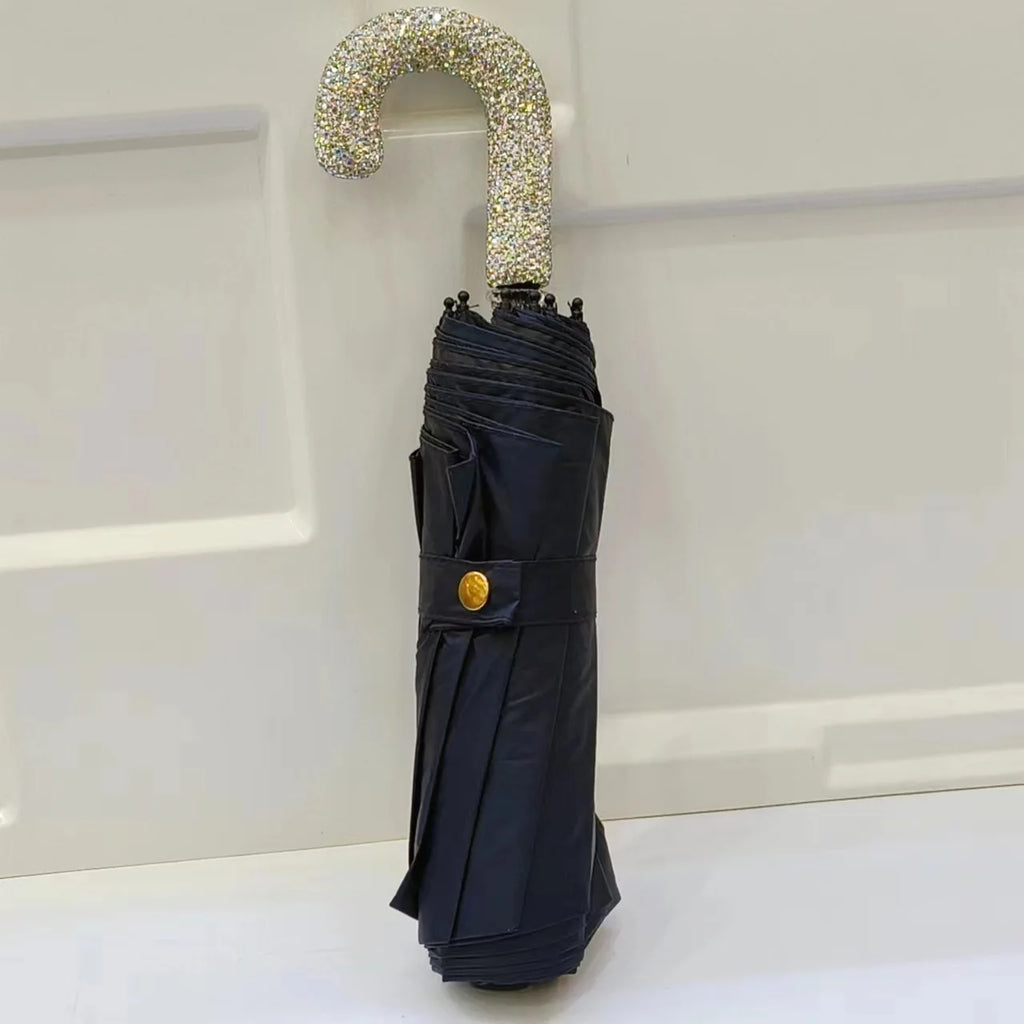 Bling Rhinestones Handle Sunshade Umbrella Women's Sunshine Rain Umbrella Portable Polka Dots Anti UV Folding Sun Umbrella