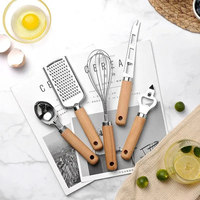 9pcs Cooking Utensils Set  Wooden Handle Can Opener Baking Pizza Peeler Egg Beater Cheese Knife Ice Cream Spoon Kitchen Gadget