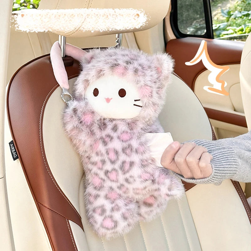 Pink Leopard Print Cat Tissue Plush Toy Car Tissue Box Cute Toy Car Hanging Paper Box Golden Carving Printed Cat Tissue Box