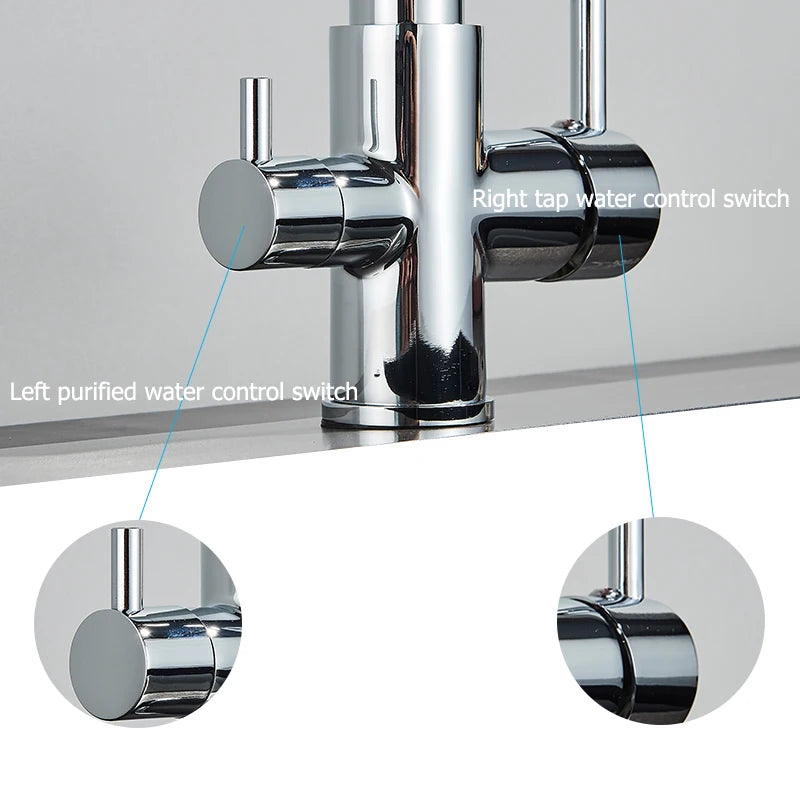 Chrome Filtered Kitchen Faucet Pure Water Kitchen Faucet Dual Handle Hot&Cold Drinking Water Purified Kitchen Mixer Taps