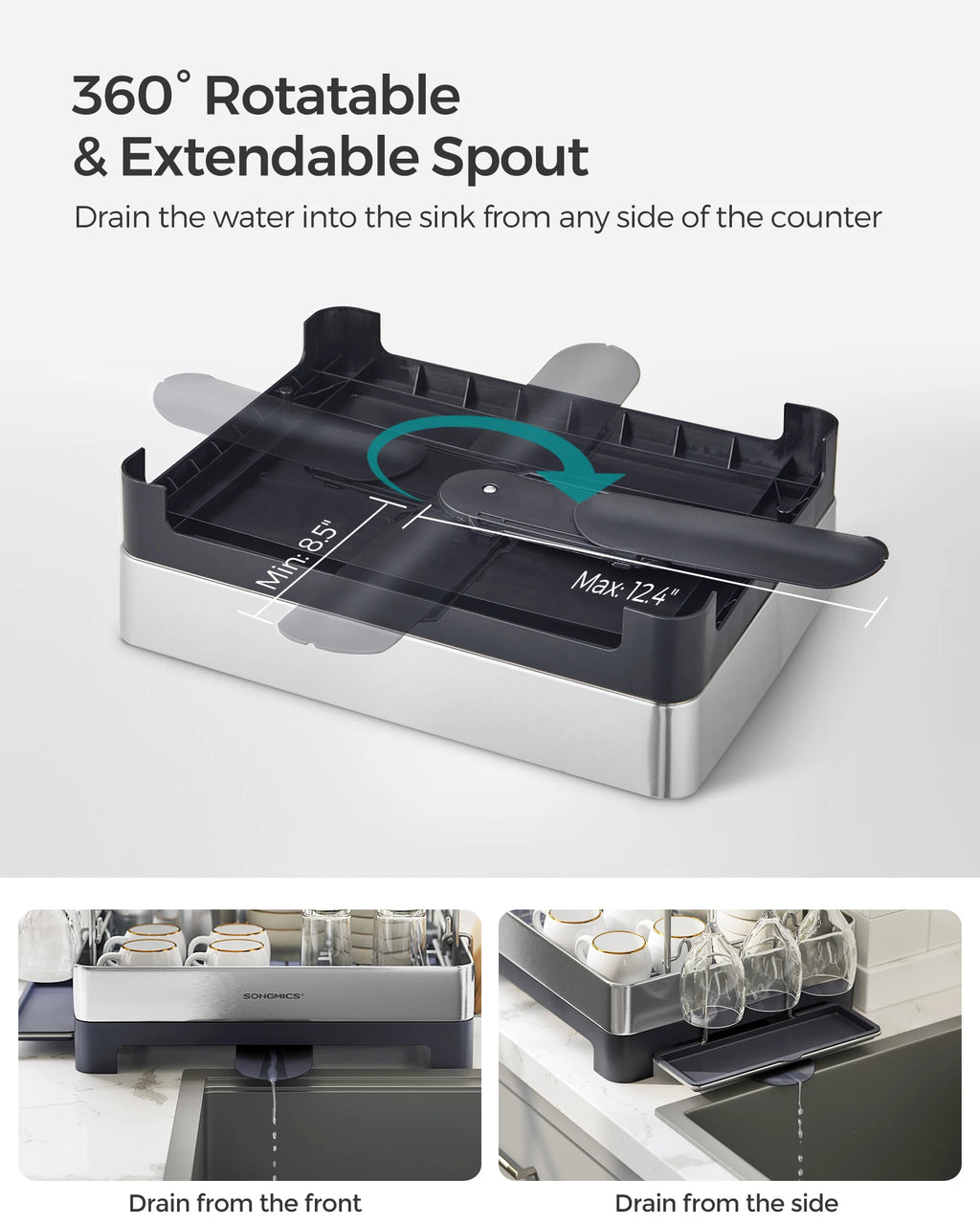 SONGMICS Dish Drying Rack - 2 Tier Dish Rack for Kitchen Counter with Rotatable and Extendable Drain Spout