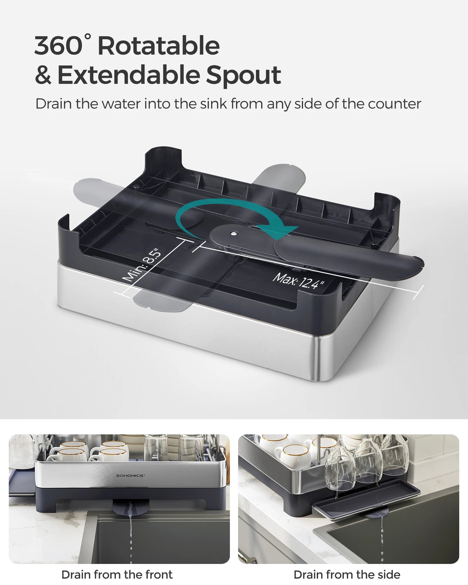 SONGMICS Dish Drying Rack - 2 Tier Dish Rack for Kitchen Counter with Rotatable and Extendable Drain Spout
