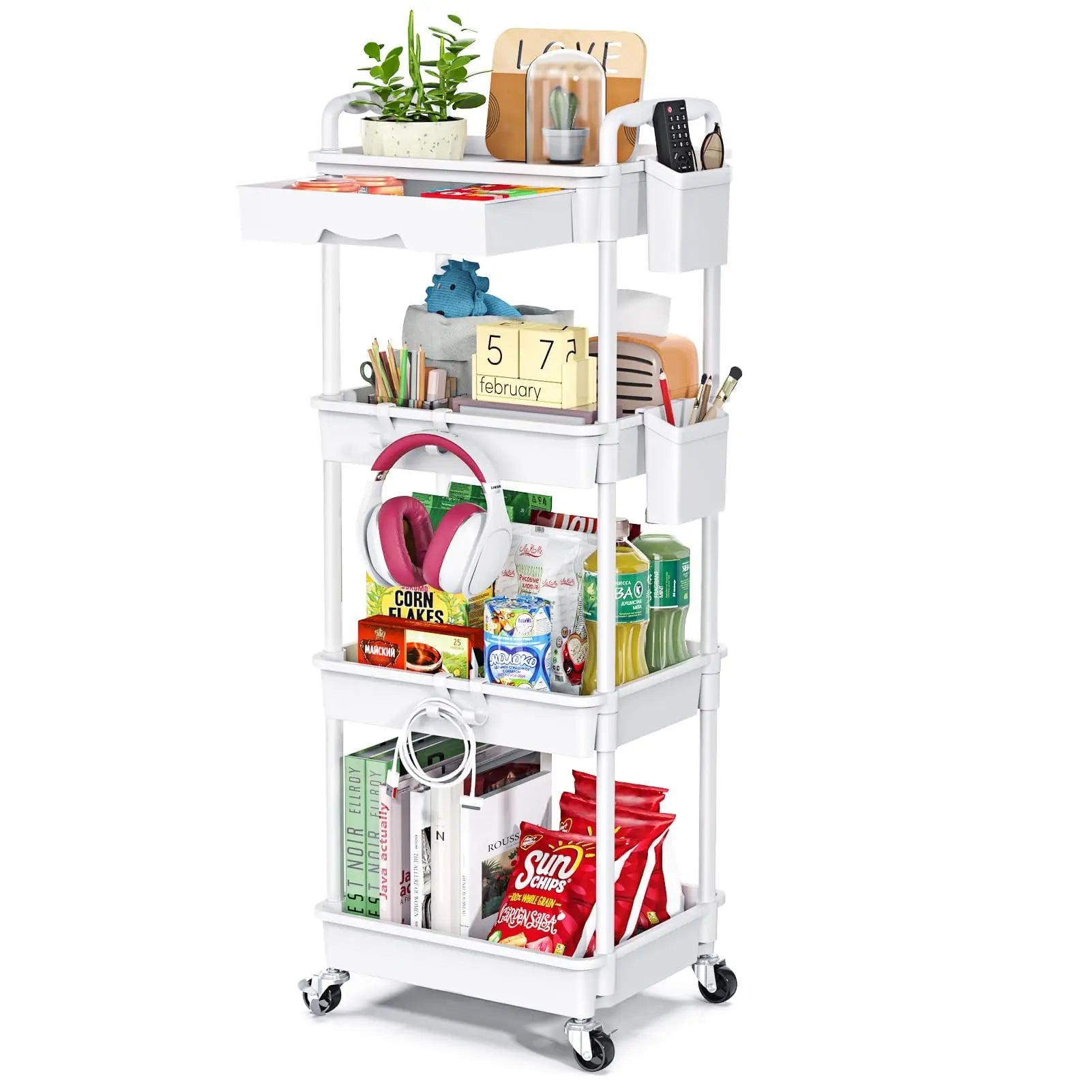 4 Tier Rolling Utility Cart with Drawer,With Drawer & Extended Poles,With Plastic Shelf & Lockable Wheels,Smooth Mobility