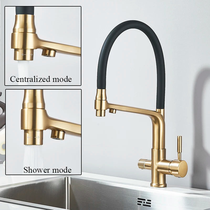 Filter Kitchen Faucet Black Dual Spout Drinking Water Faucet Mixer 360 Degree Rotation Hot Cold Water Purification Feature Tap