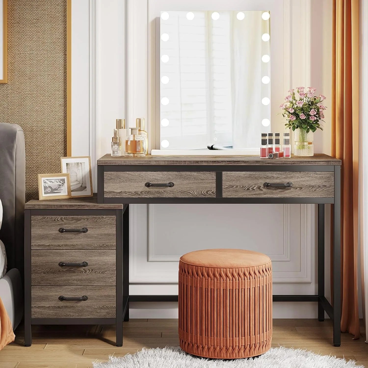 Vanity Desk with 5 Drawers, Makeup Vanity Table Dressing Table with Side 3-Drawer Chest for Women, Girls (Without Mirror)