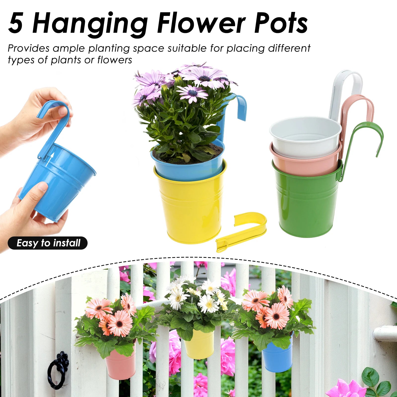 5Pcs Metal Hanging Flower Pots Hook Bucket Garden Planter Pots with Drainage Hole Balcony  Garden Office Planter Home Decor