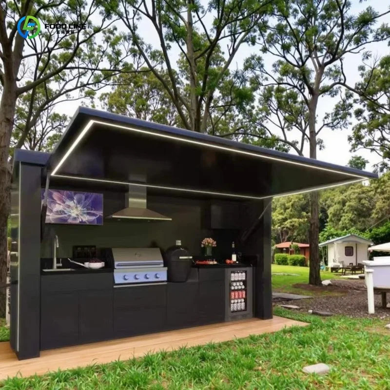Customized modern steel mobile outdoor kitchen with sink and grill eco-friendly durable for apartment shop use