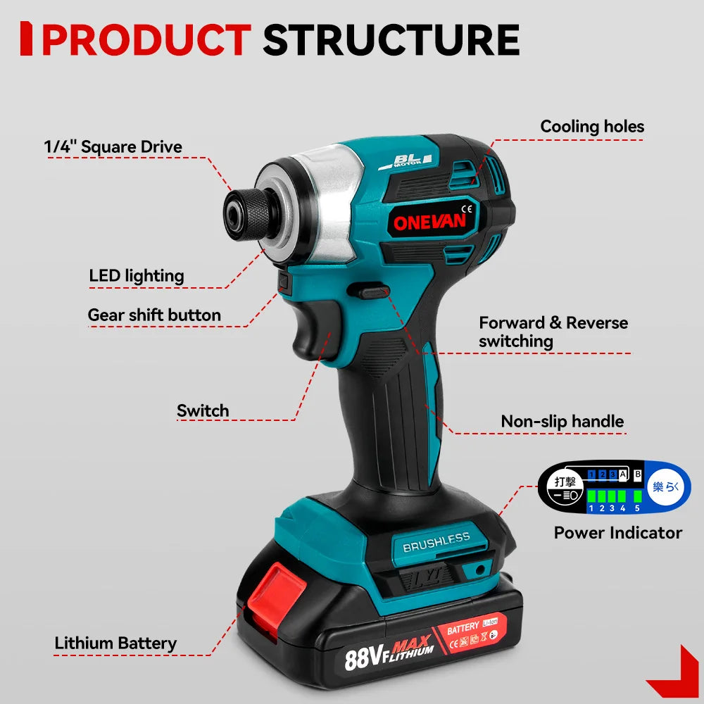 600N.m Brushless Electric Screwdriver Cordless 5-Speed Electric Impact Drill Rechargeable Power Tools Kit For 21V 18V Battery