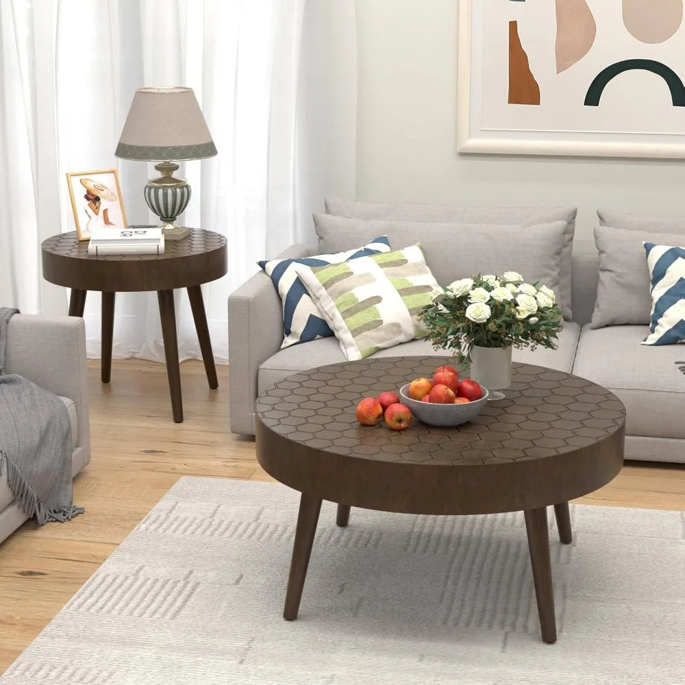 Round Coffee Table Set of 2, Nesting Tables with Honeycomb Pattern, Modern End Table for Living Room, Farmhouse, Brown