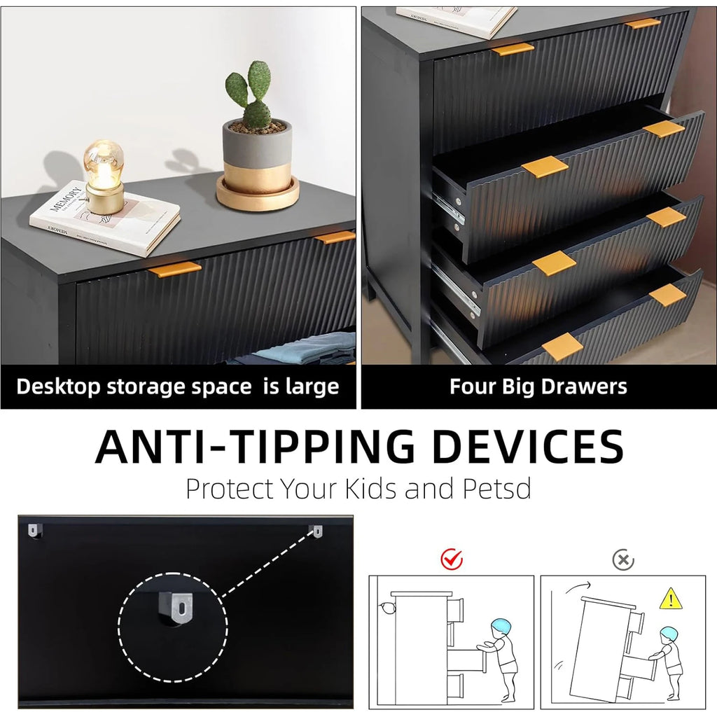 Fluted 4 Drawers Dresser Modern Chest of Drawers Wood Drawer Organizer with Waveform Fluted Panel for Bedroom Living Room