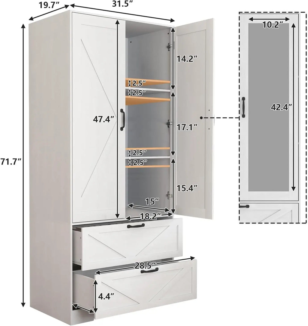 Armoire Wardrobe Closet with Doors & Mirror,72‘‘ Wardrobe Cabinet with 2 Drawers & Hanging Rod,Clothing Storage Adjustable Shelf