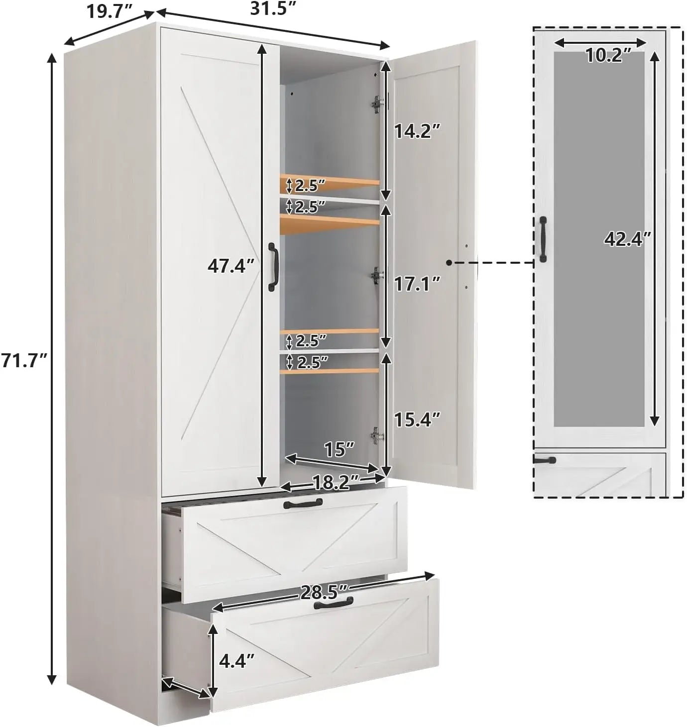 Armoire Wardrobe Closet with Doors & Mirror,72‘‘ Wardrobe Cabinet with 2 Drawers & Hanging Rod,Clothing Storage Adjustable Shelf