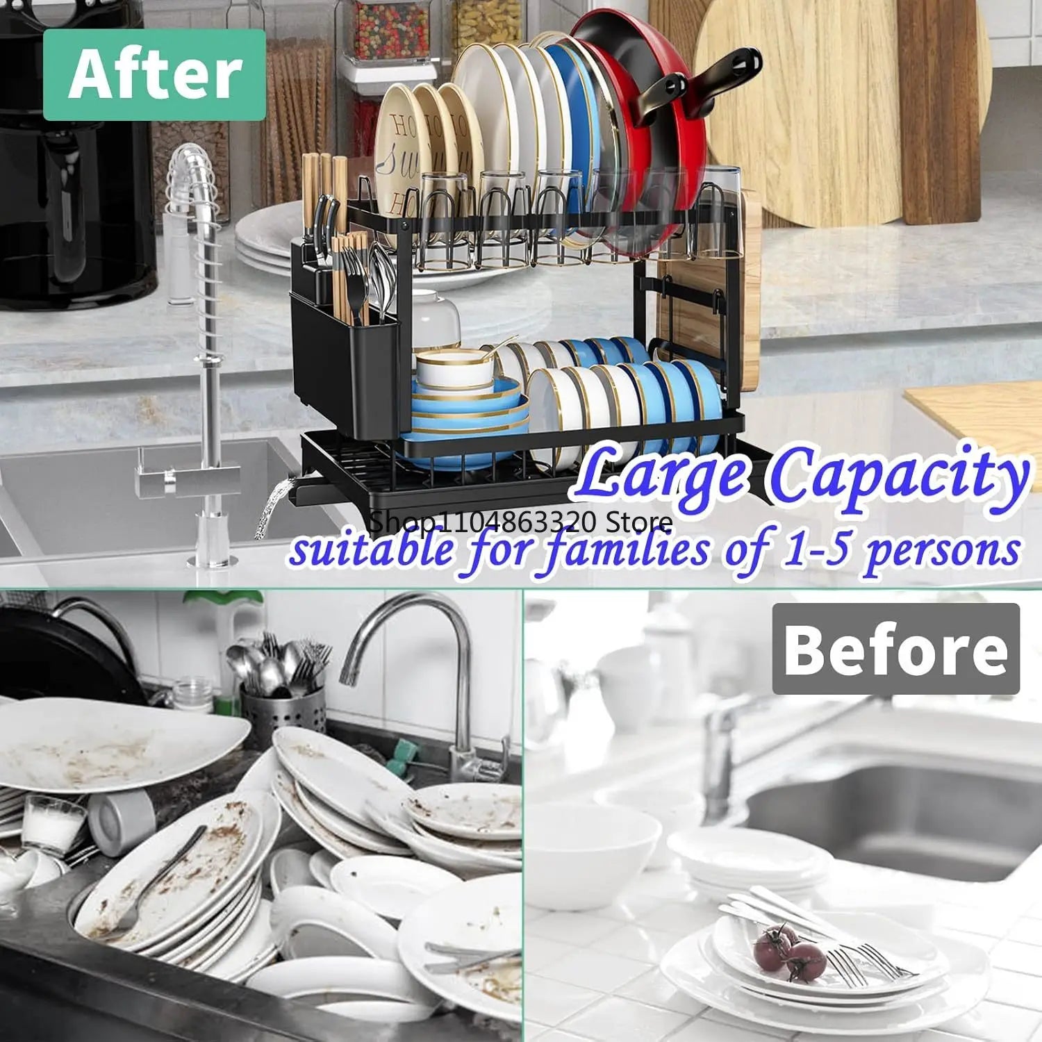 Kitchen countertop 2-tier dish drying rack, kitchen countertop dish drainer with drip tray, metal kitchen dish rack with drip tr