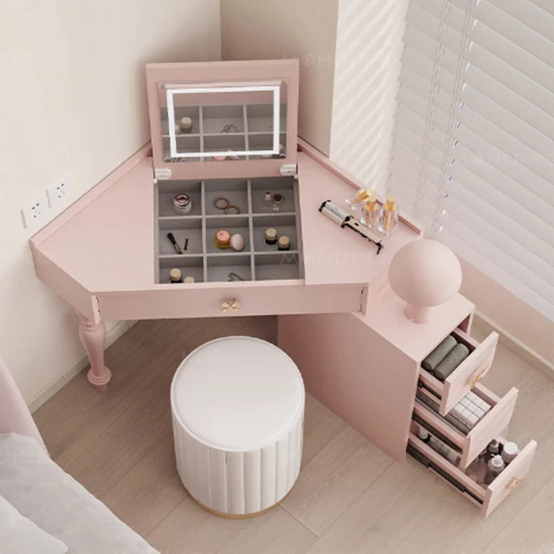 Flip Lights Storage Vanity Table Mirror Drawers Woman Small Cabinet Bedroom Dressers Girl Makeup Pink Coiffeuse Furniture Home