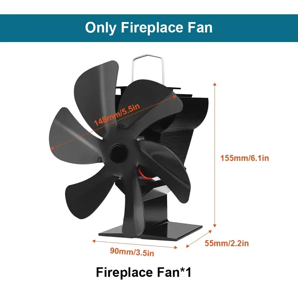 6 Blades Heat Powered Stove Fan Eco Quiet Black Log Wood Burner Fireplace Fan Winter Warmer Home Efficient Heat Distribution