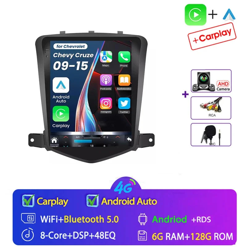 4G+64G Stereo Android 15 For Chevrolet Cruze J300 2008-2014 for Tesla Style Car 4G GPS Navi Player Radio Carplay 2 Din Autoraido