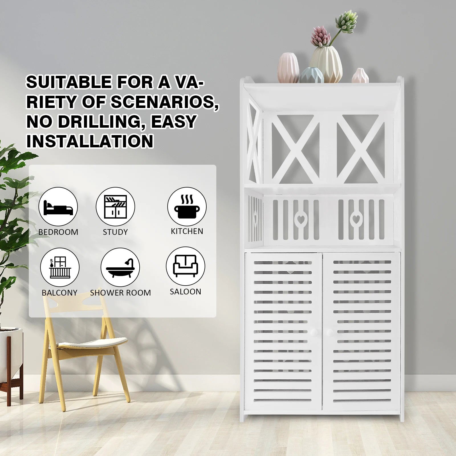 Bathroom Floor Cabinet,Waterproof FreeStanding Bathroom Storage Unit with Daily Use Layer and Cupboard Double Door,Multi-purpose