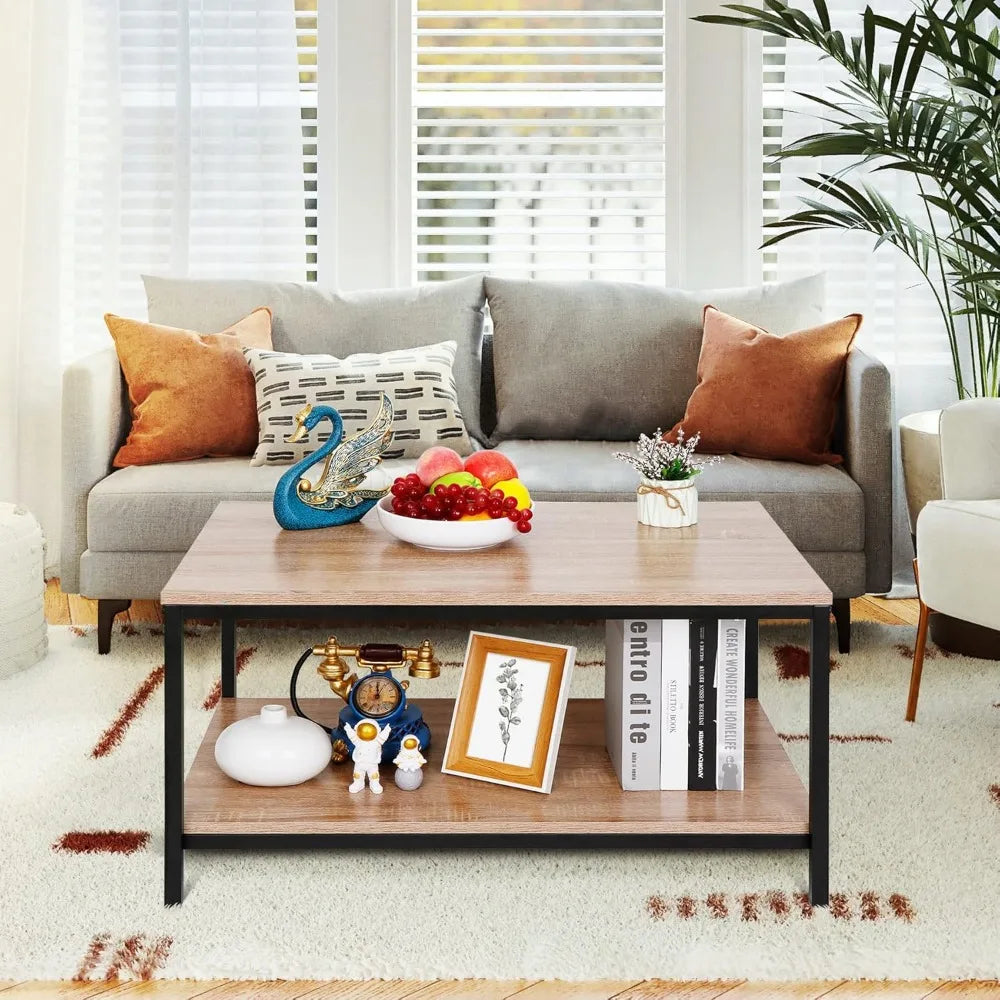 Industrial Coffee Table with Storage Shelf for Living Room, Wood Look Accent Furniture with Vintage Wooden Board Stable Metal F