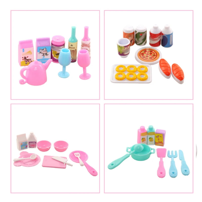 Dollhouse Mini Kitchen Food for Doll 43 Pcs Dinner Set Fork Knif Plate Pizza Soup Tableware Cute Kids Toys Doll Accessories