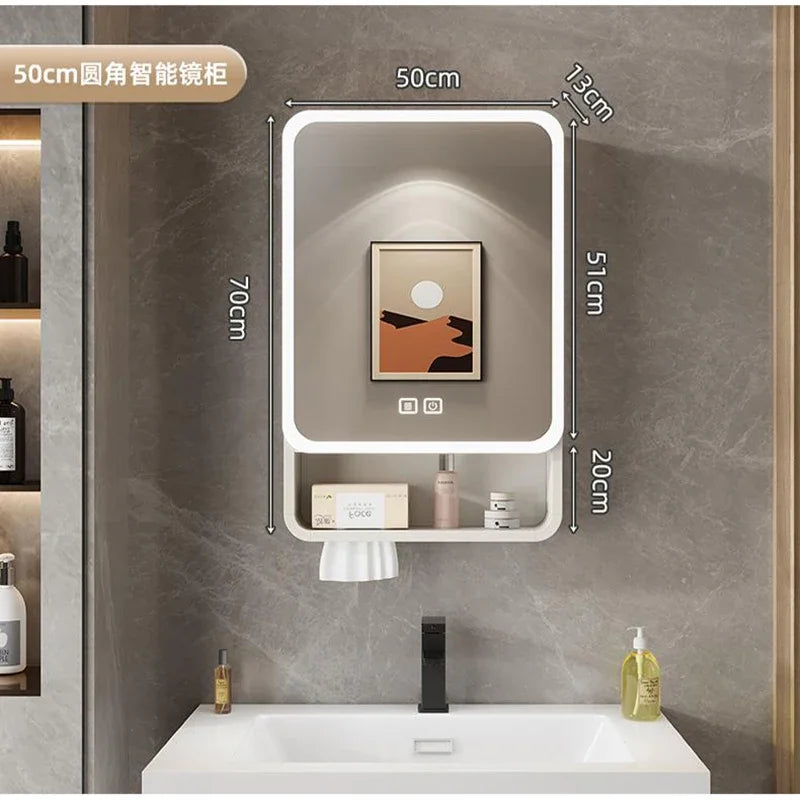 Aluminum Alloy Arc Smart Bathroom Mirror Cabinet Wall Mounted Storage Locker LED Light Bathroom Furniture Muebles Para Baño FYBC