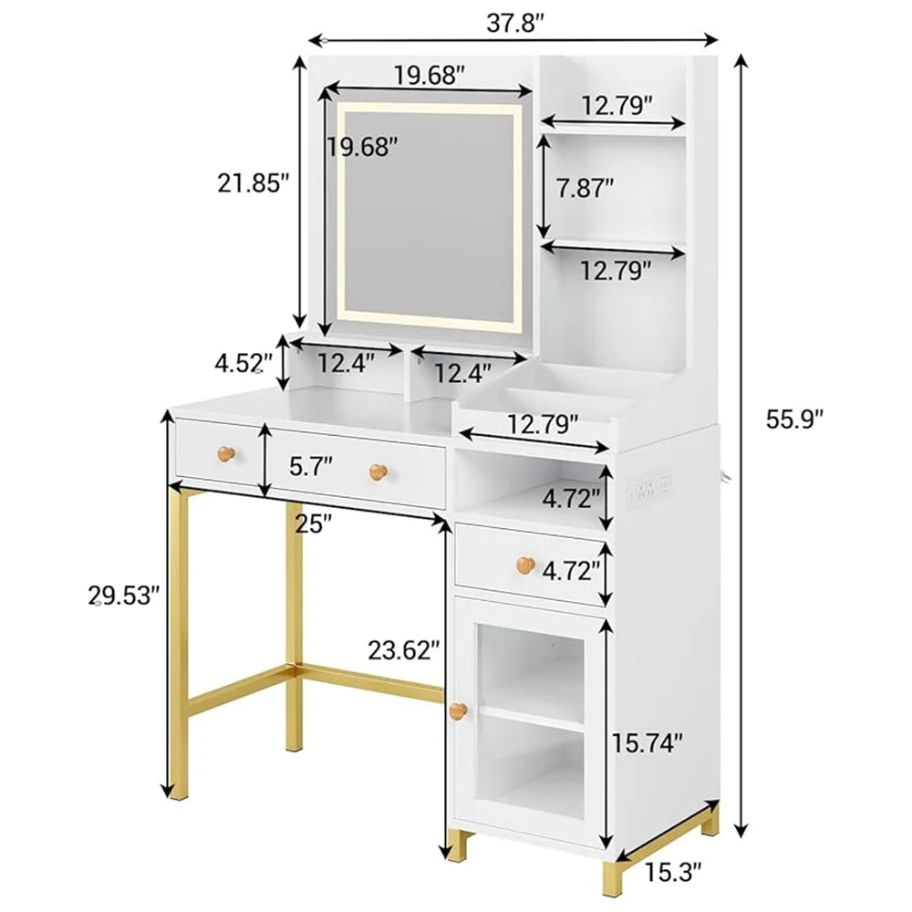 Vanity Desk with LED Lighted Mirror and Drawers Cabinet Open Storage Shelves Dressing Table for Girls Bedroom Makeup Room