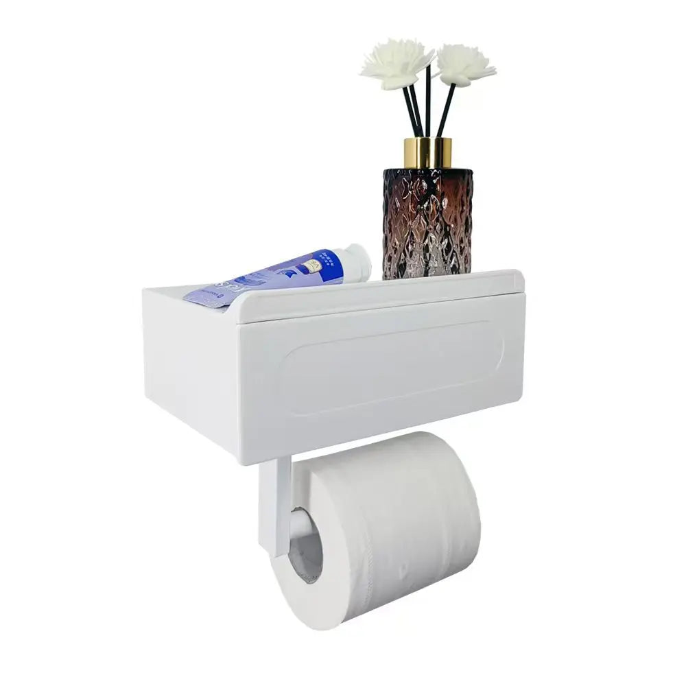 1pc Sleek Black Wall - Mounted Toilet Paper Holder with Shelf - No - Drill, Durable Bathroom Organizer for Essentials