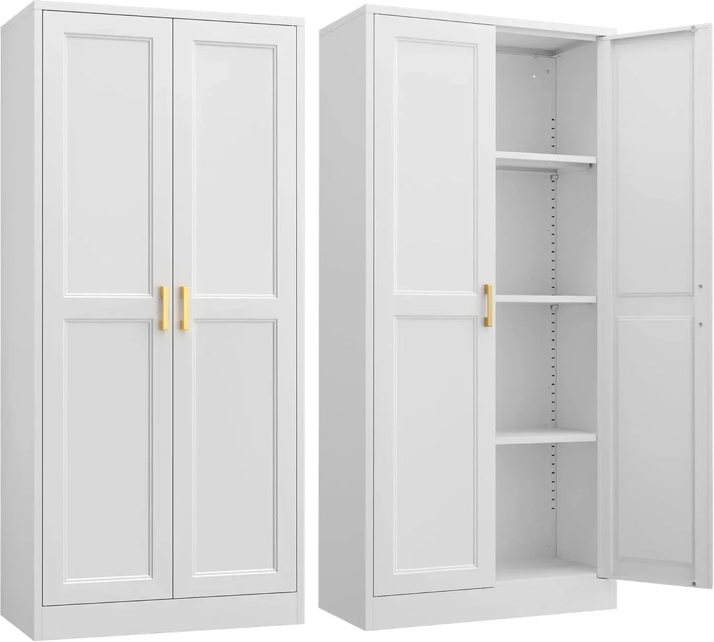 Kitchen Pantry Cabinet,71”White Metal Pantry Storage Cabinet with Doors and 4 Adjustable Shelves,Kitchen Cabinet with 2