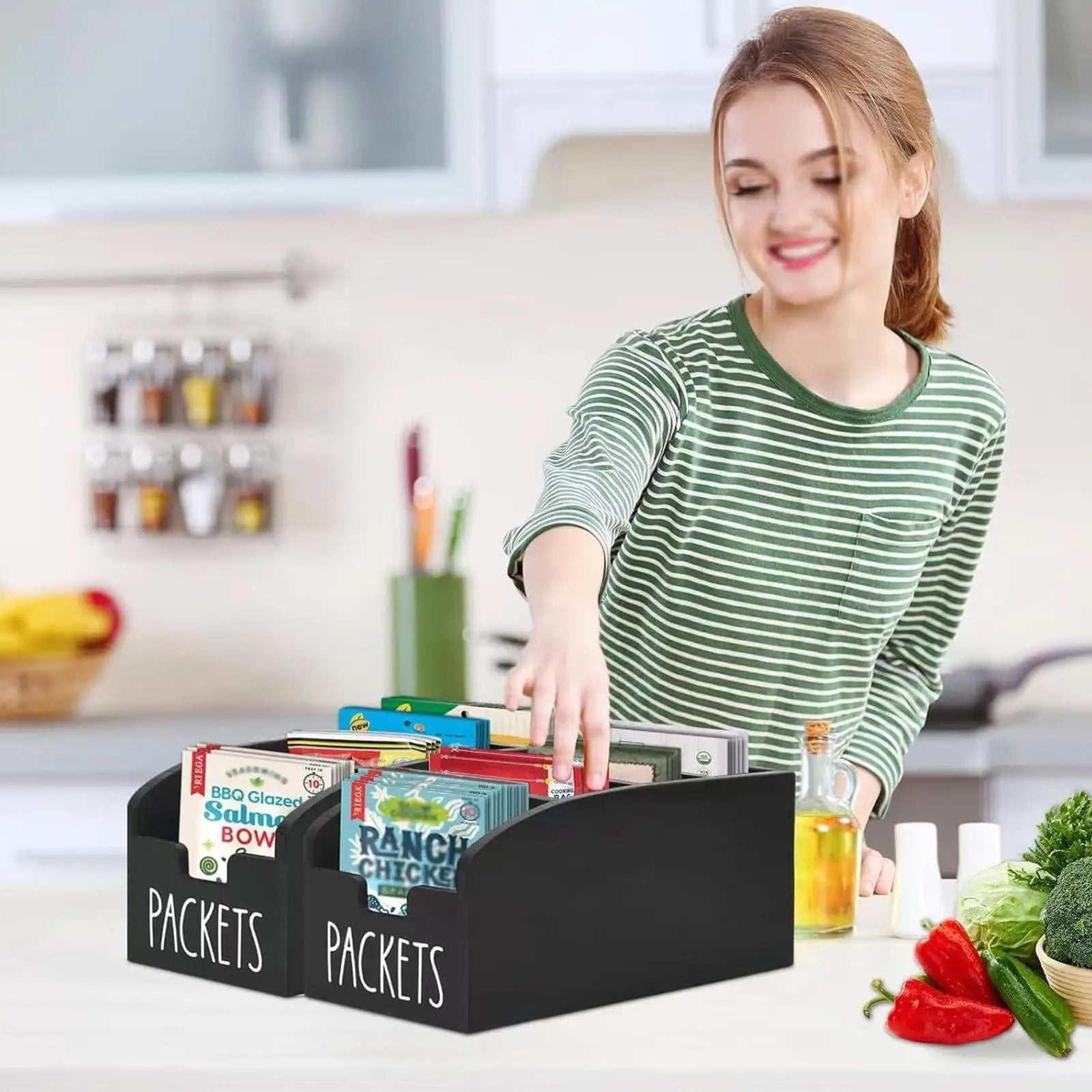 Kitchen spice bag storage box, wooden spice rack with 4 compartments, kitchen counter and pantry food bag organizer