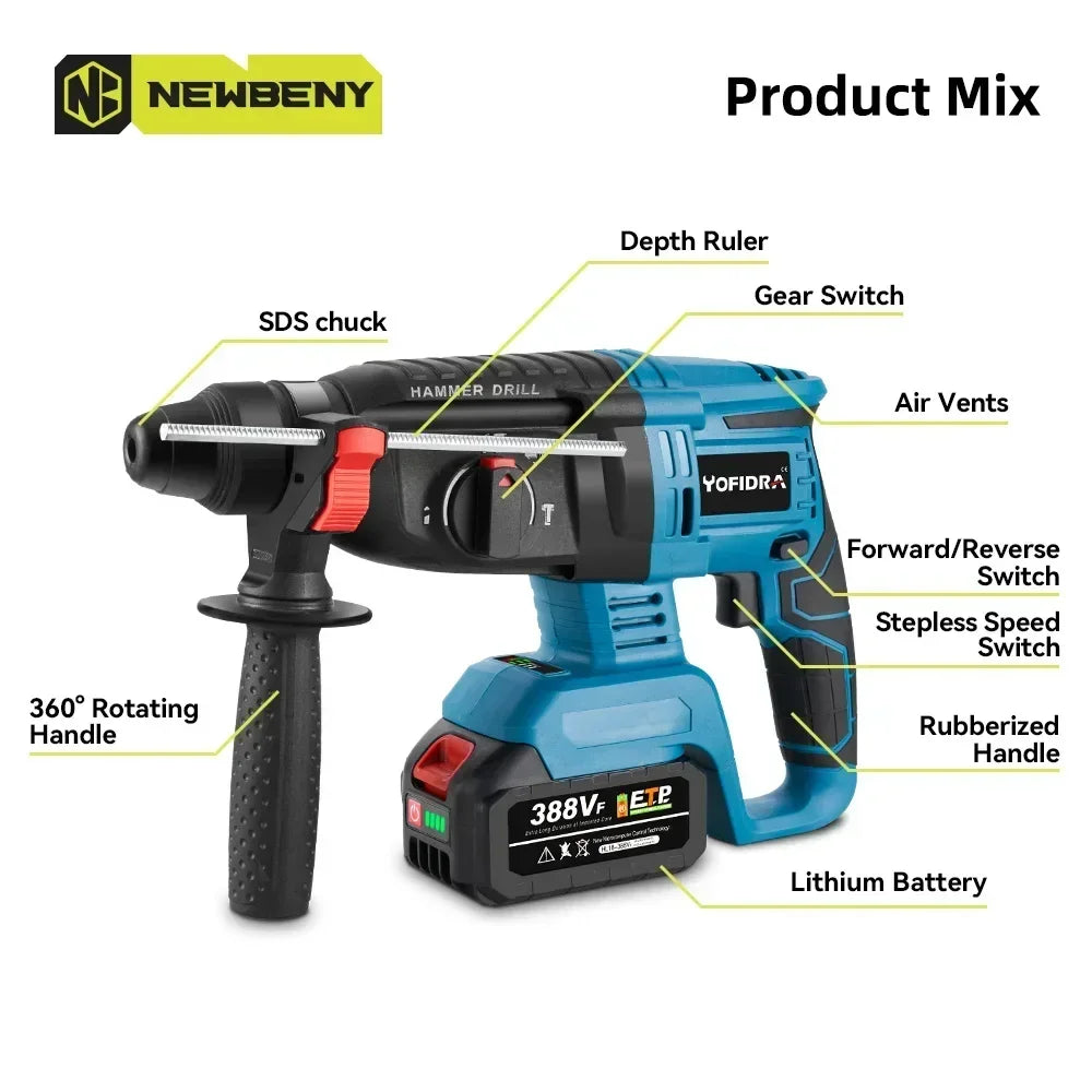 1680W 26mm Brushless Electric Hammer Cordless Efficient Rechargeable Hammer Impact Drill Power Tool For Makita 18V Battery Pin