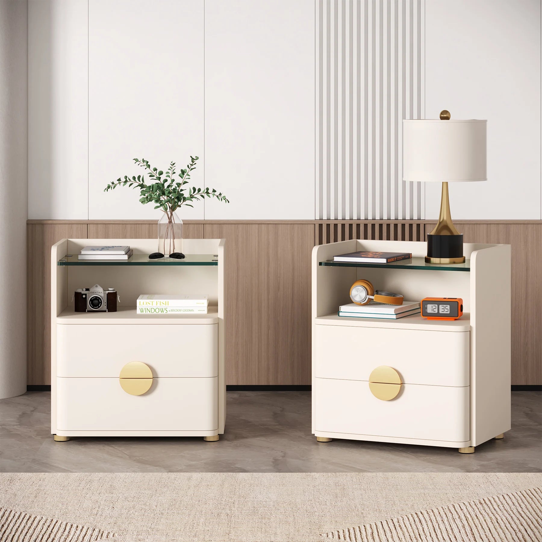 Tribesigns Nightstands, 2-Drawer Modern Night Stand with Open Storage Space, Wood Bed Side Table, Tempered Glasses End Table