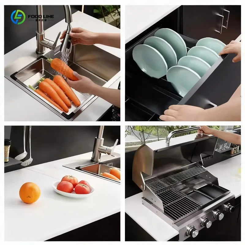 Custom Modern Stainless Steel Folding Camping Outdoor Kitchen All-in-One Prep Station With Sink and Built-in BBQ Grill Oven