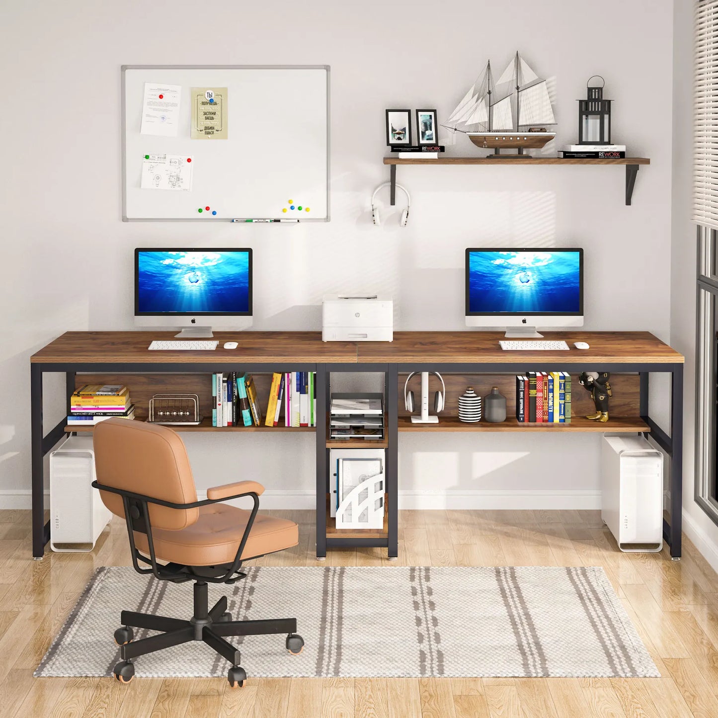 Two Person Desk with Bookshelf, 78.7" Double Computer Desk, Rustic Home Office Workstation Table | AlluCanFind
