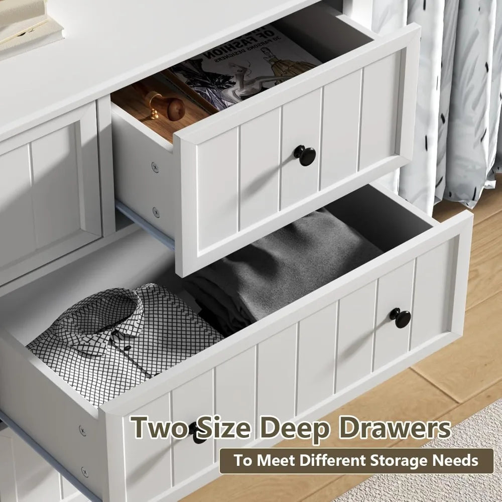 Farmhouse 7 Drawers Dresser for Bedroom, White Dresser Chest of Drawers, Wood Storage Dressers with Deep Drawers and Metal Handl