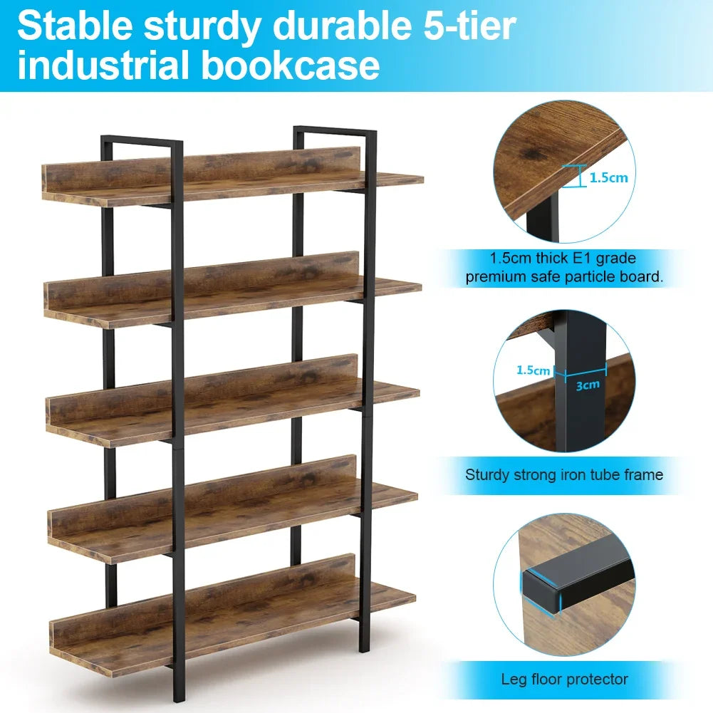 Tribesigns Bookshelf Storage Rack Standing Shelf 5 Tier Industrial Sturdy Bookshelf with Iron Pipe Frame