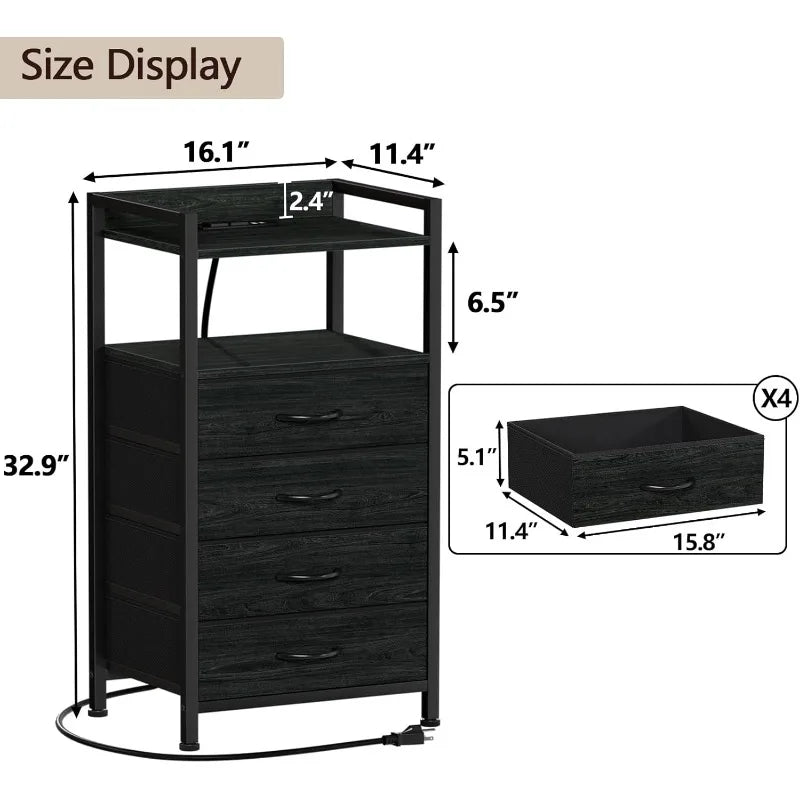 Night Stand with Charging Station, Black Nightstand with Drawers and Led Light, Tall Dresser for Bedroom, Bedside Table