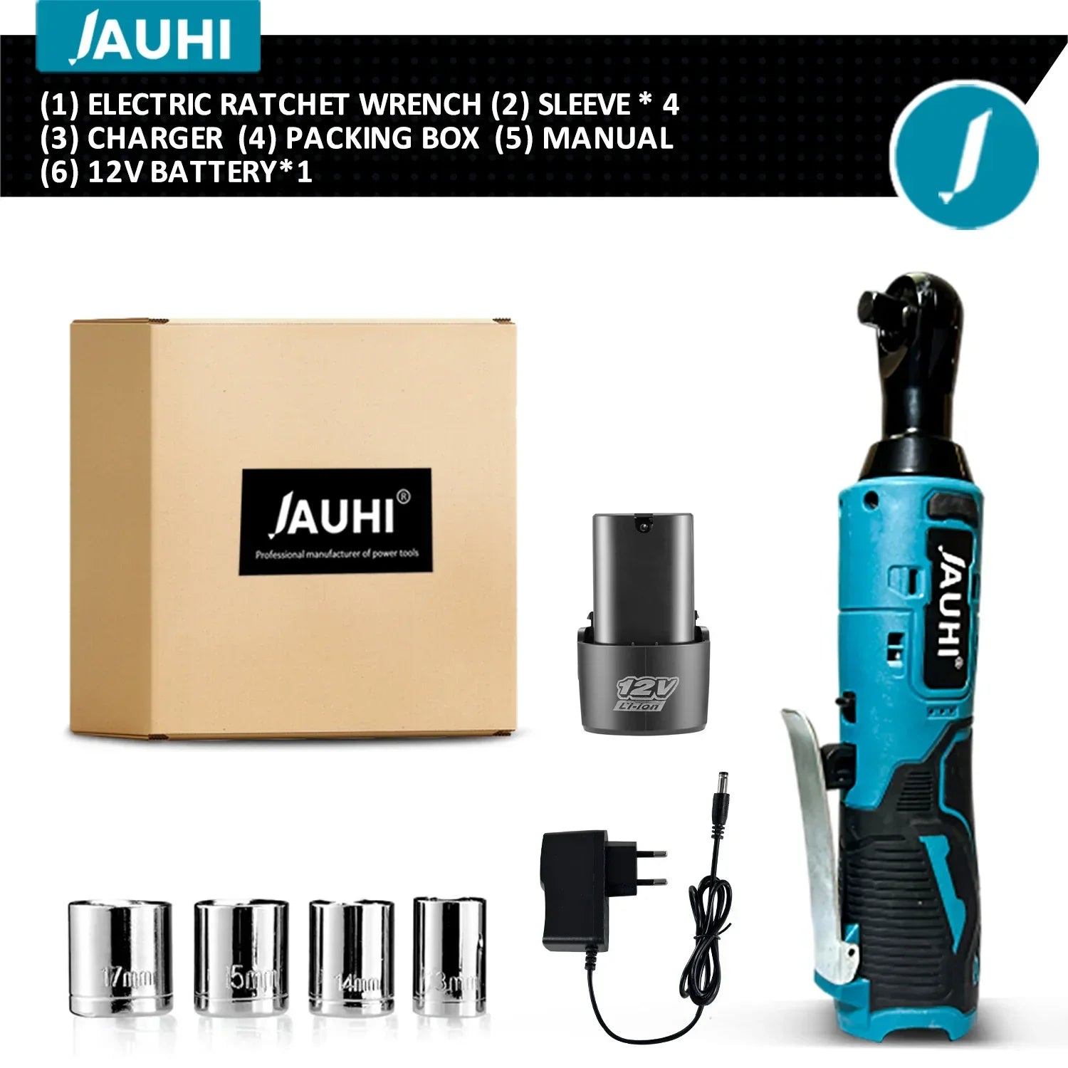 JAUHI 12V Cordless Electric Wrench 3/8'' Right Angle Ratchet Wrench Angle Drill Screwdriver Removal Screw Nut Car Repair Tool