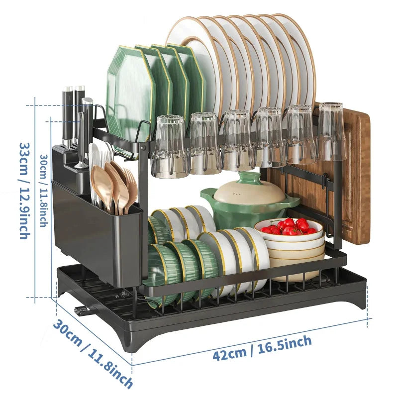 2-Tier Kitchen Dish Drying Rack, Tableware Drain Storage Holder for Bowl, Cup, Chopsticks, Knife and Fork