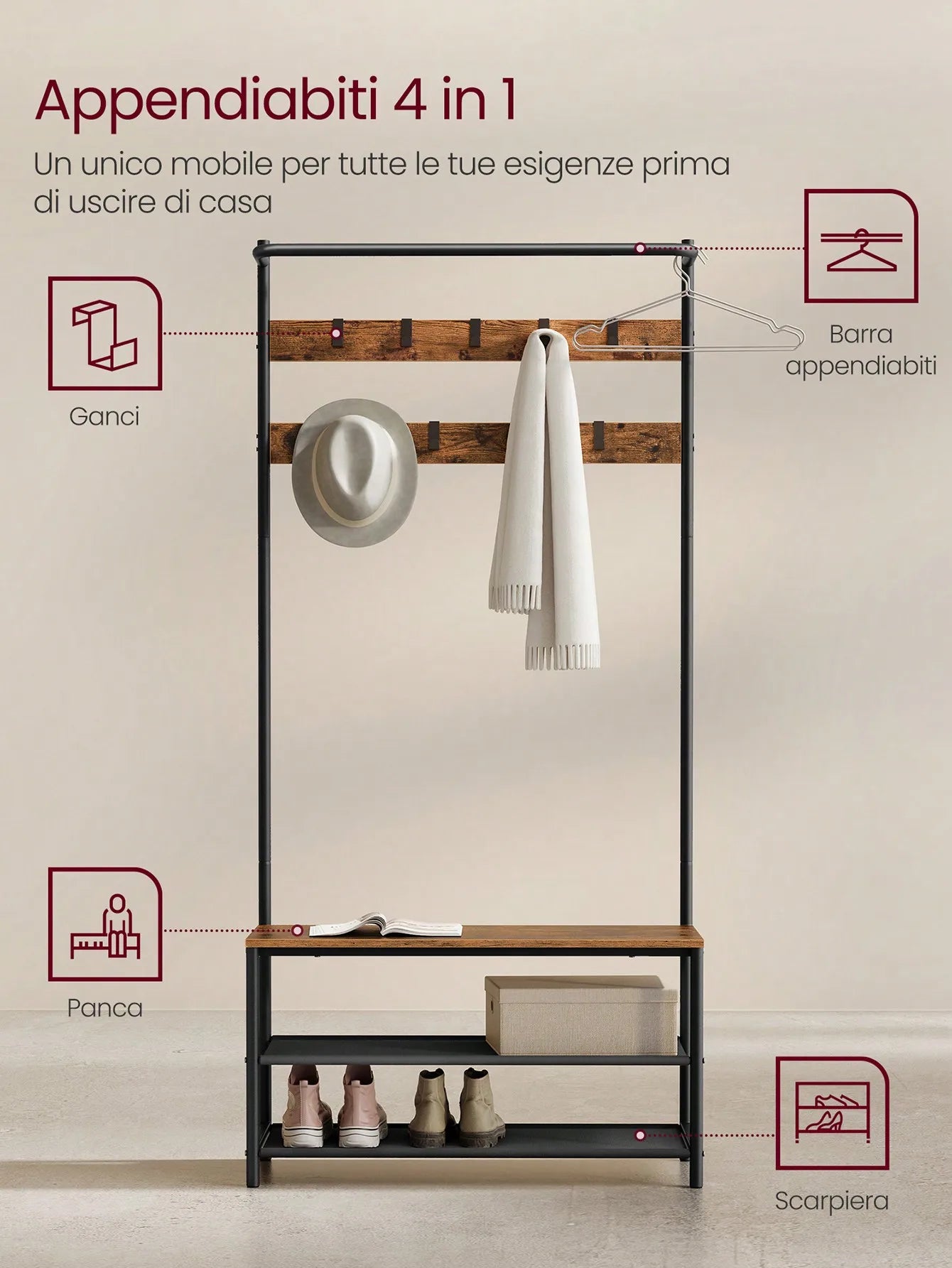 VASAGLE Coat Rack with Shoe Storage, Hall Tree Bench, 9 Hooks, Top Bar, 32.2 x 84 x 180 cm, Bedroom Organizer