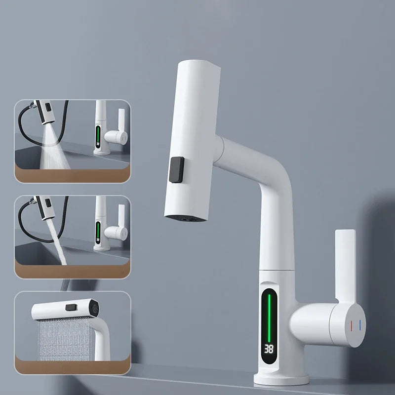 Smart Digital Display Basin Faucet 3 Function Pull Out Waterfall Spout Deck Mount Cold Hot Water Mixer Liftable Sink Crane Tap