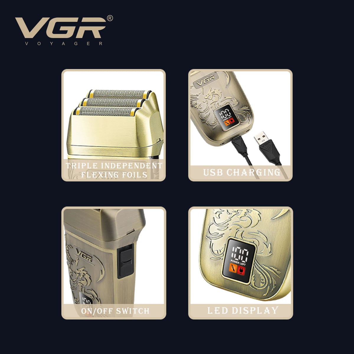 VGR Retro Metal Shaver Three Blade Deep Cleaning Shaver Embossed Body Intelligent Digital Hair Trimmer Hair Whitening V-349