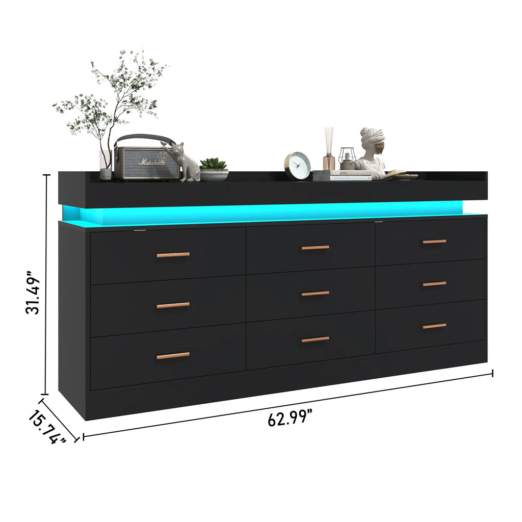 9 Drawer Dresser with LED Light and Charging Station, Modern Chest of Drawers for Closet, Wide Drawer Organizer Cabinet