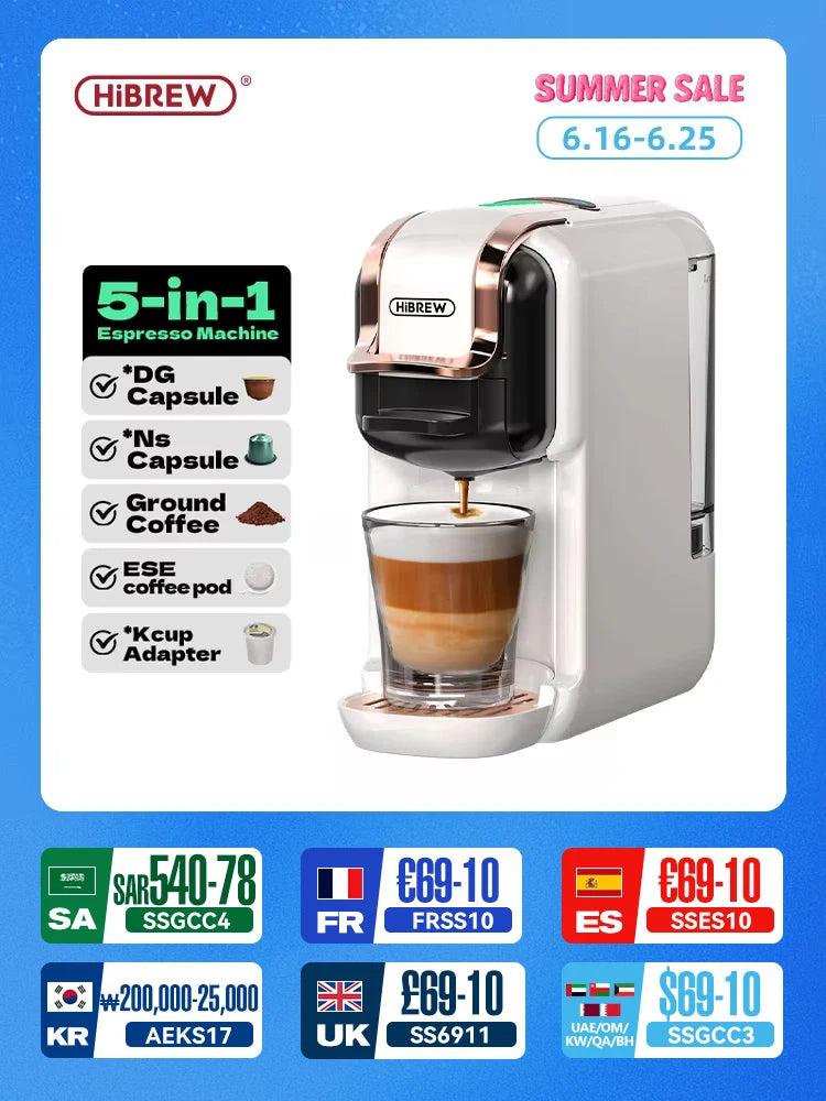 HiBREW 5 in 1 Multiple Capsule Coffee Machine Hot/Cold DG Cappuccino Nes Small Capsule ESE Pod Ground Coffee Cafeteria 20Bar H2B