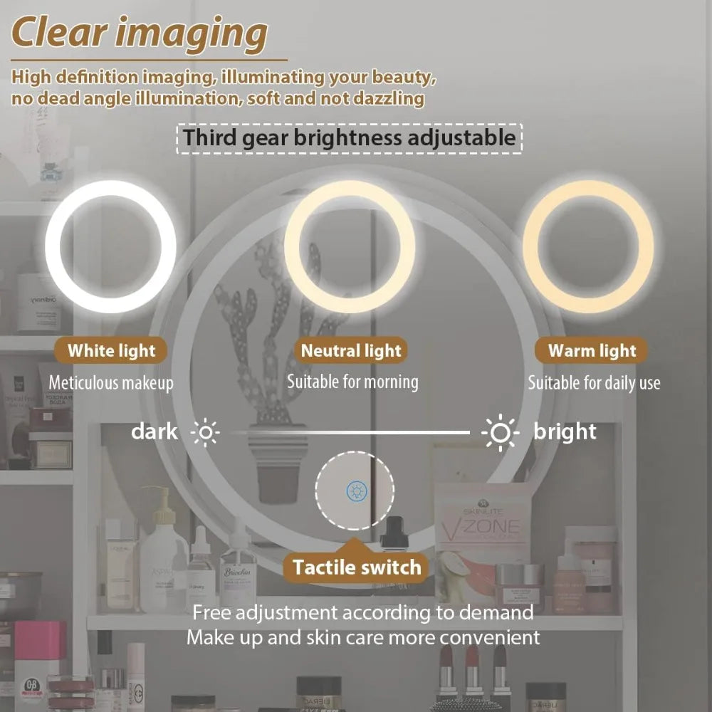 FUFU&GAGA White Vanity Set with Round Lighted Mirror, Makeup Vanity Dressing Table with 5 Drawers, Shelves, Dresser Desk and Cus