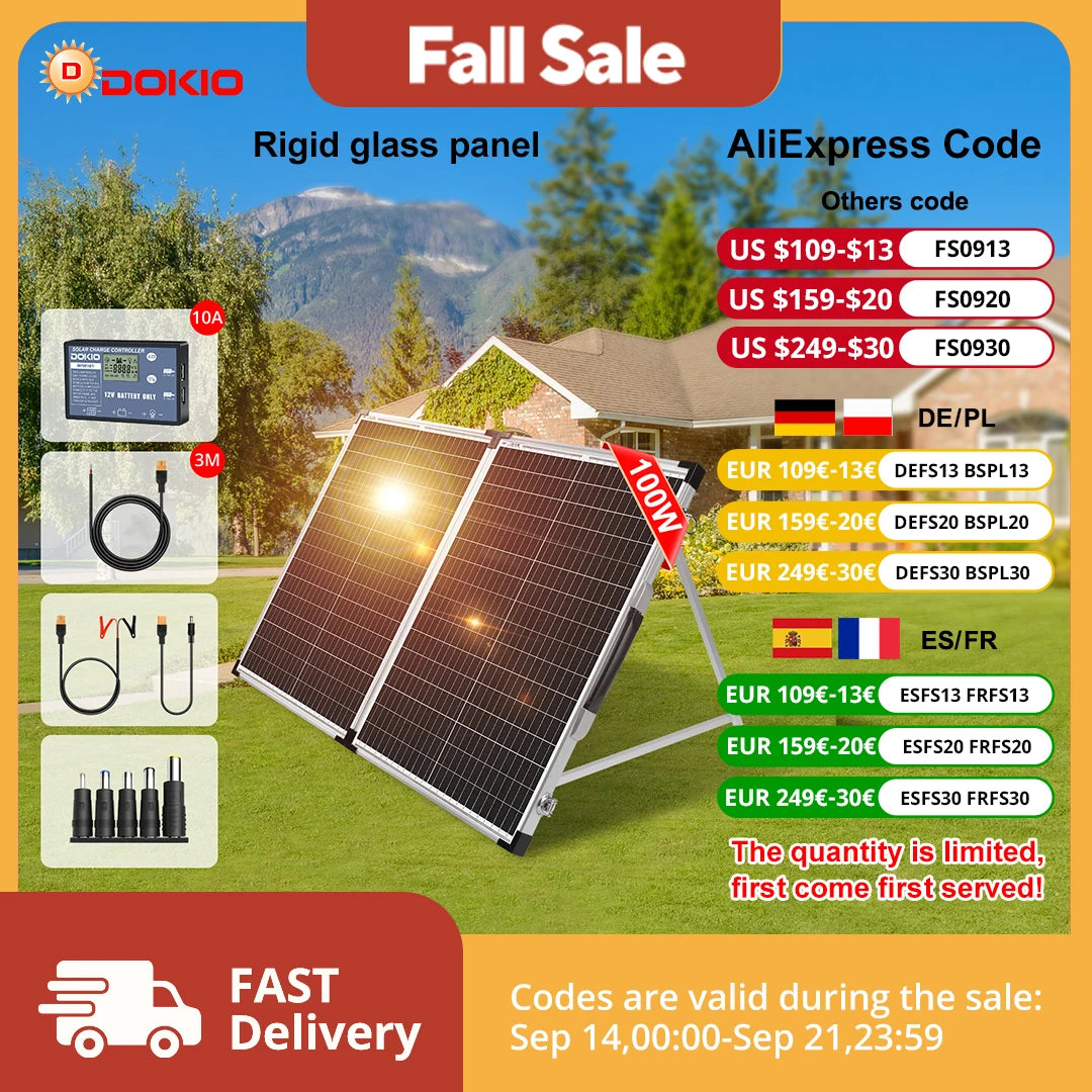 DOKIO 100W/160w/200w 18V Glass Folding Monocrystalline Waterproof Solar Panel with 12V Controller Kit from China