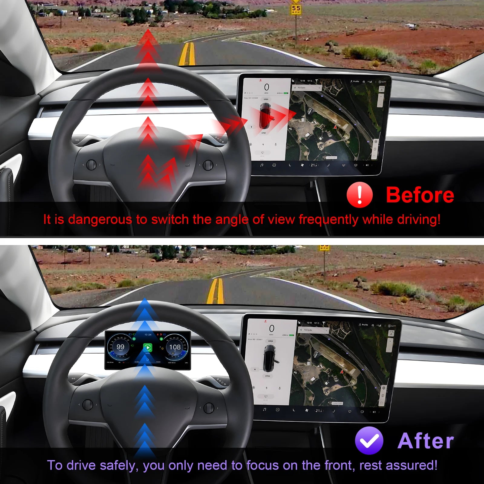 Podofo 9” Head Up Display For Tesla Model 3/Y Tesla HUD Display Carplay Android Auto WIFI Bluetooth OTA Power Speed Update